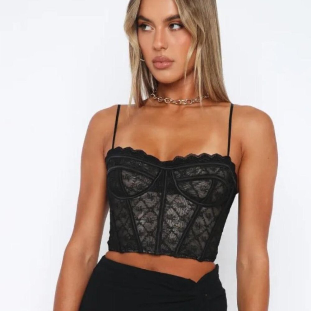 White Fox Chase Our Love Corset Top Monogram Black Crop